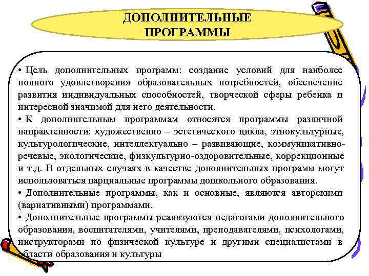      ДОПОЛНИТЕЛЬНЫЕ    ПРОГРАММЫ  • Цель дополнительных