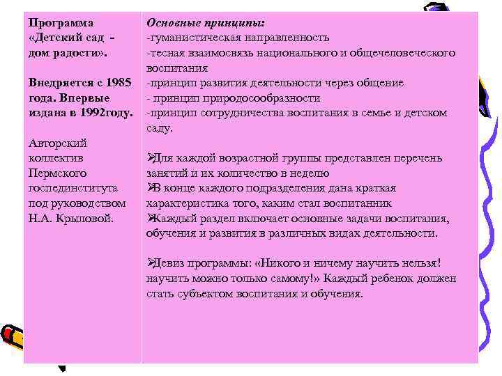 Программа  Основные принципы:  «Детский сад -  -гуманистическая направленность дом радости» .