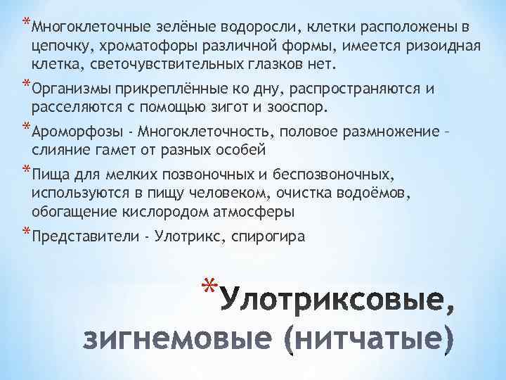 *Многоклеточные зелёные водоросли, клетки расположены в цепочку, хроматофоры различной формы, имеется ризоидная клетка, светочувствительных