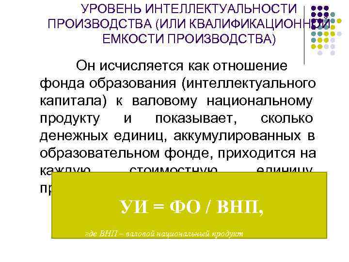 УРОВЕНЬ ИНТЕЛЛЕКТУАЛЬНОСТИ ПРОИЗВОДСТВА (ИЛИ КВАЛИФИКАЦИОННОЙ ЕМКОСТИ ПРОИЗВОДСТВА) Он исчисляется как отношение УРОВЕНЬ ИНТЕЛЛЕКТУАЛЬНОСТИ ПРОИЗВОДСТВА (ИЛИ КВАЛИФИКАЦИОННОЙ ЕМКОСТИ ПРОИЗВОДСТВА) Он исчисляется как отношение