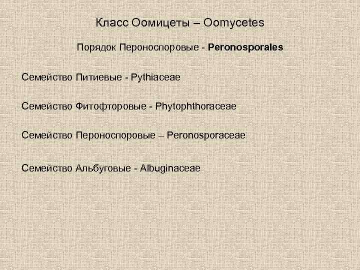 Класс Оомицеты – Oomycetes Порядок Пероноспоровые - Peronosporales Семейство Питиевые - Pythiaceae Семейство Фитофторовые