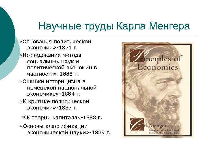  Научные труды Карла Менгера «Основания политической  экономии» -1871 г.  «Исследование метода