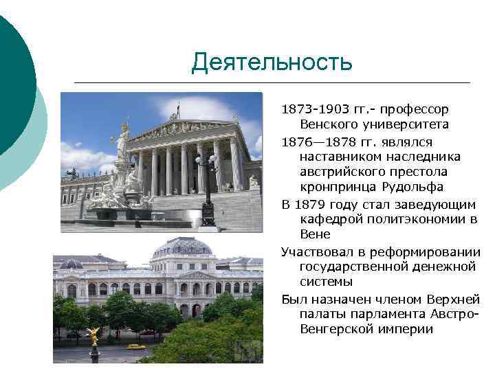 Деятельность  1873 -1903 гг. - профессор   Венского университета  1876— 1878