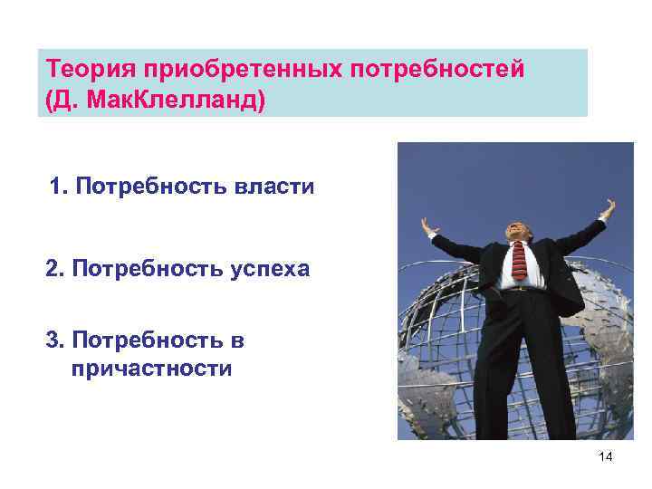 Теория приобретенных потребностей (Д. Мак. Клелланд) 1. Потребность власти 2. Потребность успеха Теория приобретенных потребностей (Д. Мак. Клелланд) 1. Потребность власти 2. Потребность успеха