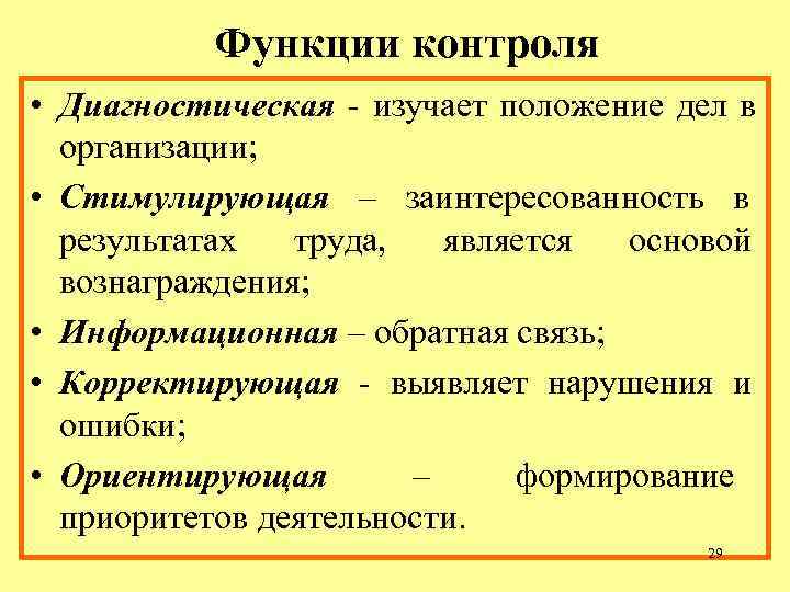 Функции контроля • Диагностическая - изучает положение дел в организации; Функции контроля • Диагностическая - изучает положение дел в организации;