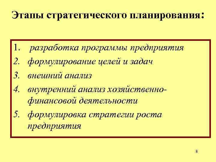Этапы стратегического планирования: 1. разработка программы предприятия 2. формулирование целей и задач Этапы стратегического планирования: 1. разработка программы предприятия 2. формулирование целей и задач