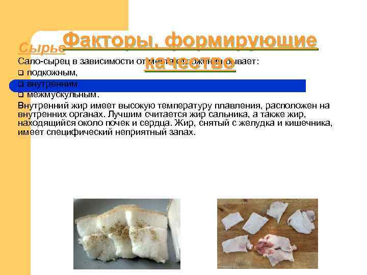 Сырье. Факторы, формирующие qподкожным, качество Сало-сырец в Сырье. Факторы, формирующие qподкожным, качество Сало-сырец в