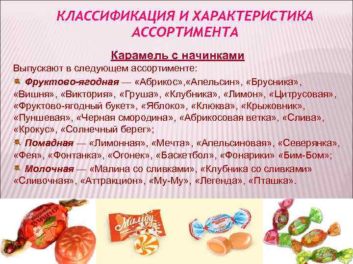 КЛАССИФИКАЦИЯ И ХАРАКТЕРИСТИКА АССОРТИМЕНТА Карамель с начинками КЛАССИФИКАЦИЯ И ХАРАКТЕРИСТИКА АССОРТИМЕНТА Карамель с начинками