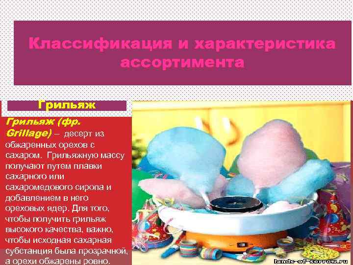   Классификация и характеристика  ассортимента   Грильяж (фр. Grillage) – десерт