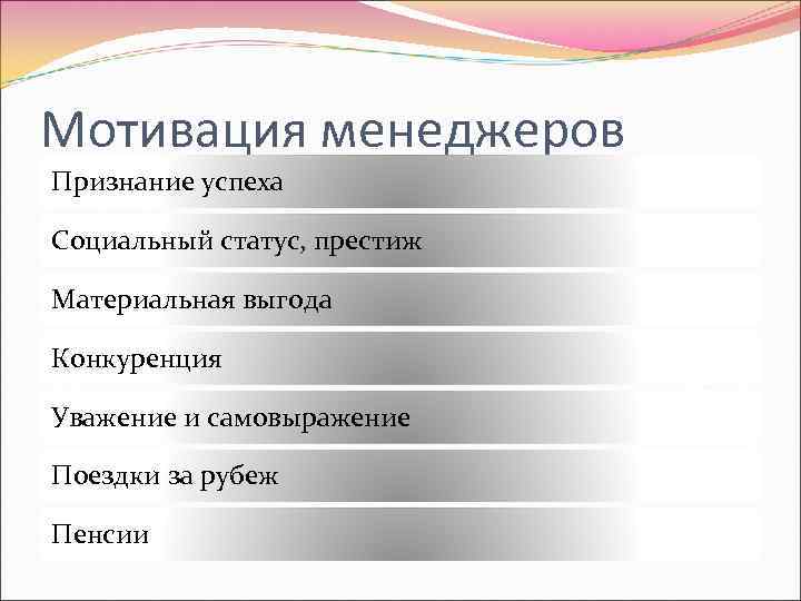 Мотивация менеджеров Признание успеха Социальный статус, престиж Материальная выгода Конкуренция Уважение и самовыражение Поездки