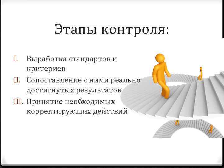    Этапы контроля: I.  Выработка стандартов и критериев II. Сопоставление с