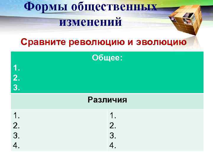  Формы общественных   изменений Сравните революцию и эволюцию   Общее: 1.