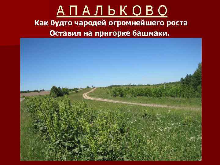 АПАЛЬКОВО Как будто чародей огромнейшего роста Оставил на пригорке башмаки. 