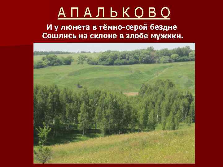 АПАЛЬКОВО И у люнета в тёмно-серой бездне Сошлись на склоне в злобе мужики. 