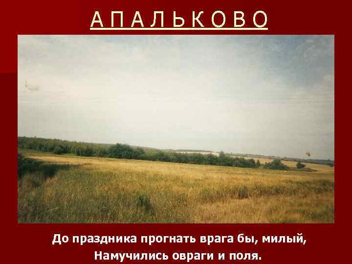 АПАЛЬКОВО До праздника прогнать врага бы, милый, Намучились овраги и поля. 