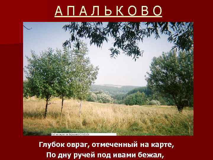 АПАЛЬКОВО Глубок овраг, отмеченный на карте, По дну ручей под ивами бежал, 