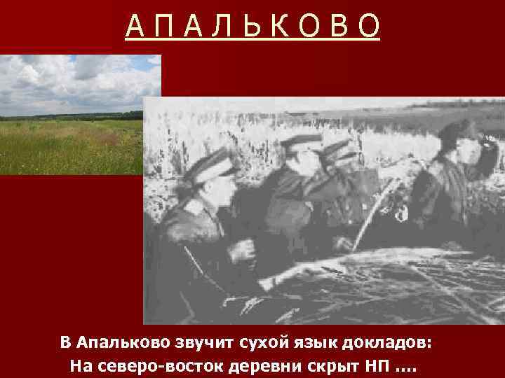 АПАЛЬКОВО В Апальково звучит сухой язык докладов: На северо-восток деревни скрыт НП …. 