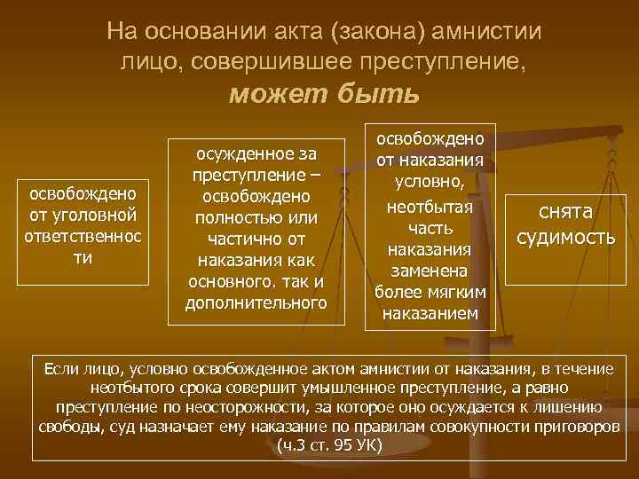 На основании акта (закона) амнистии лицо, совершившее преступление, может быть освобождено от уголовной ответственнос