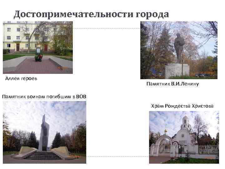 Достопримечательности города Аллея героев Памятник В. И. Ленину Памятник воинам погибшим в ВОВ Храм