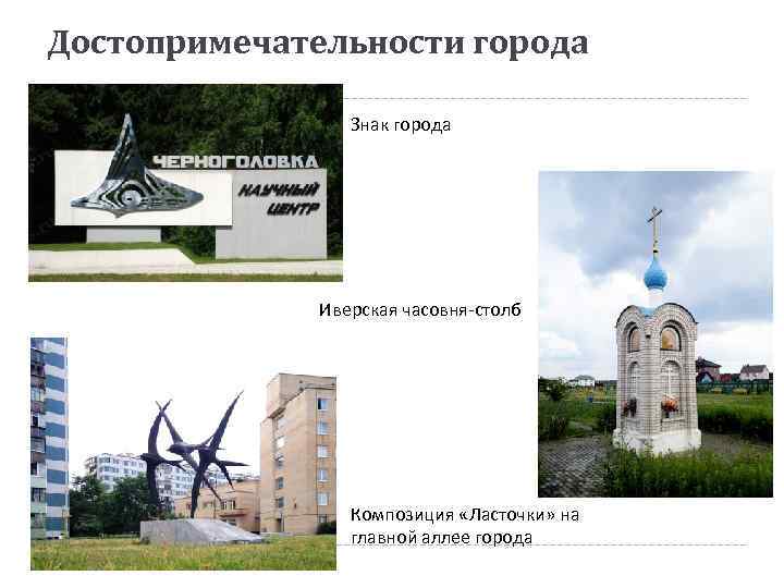 Достопримечательности города Знак города Иверская часовня-столб Композиция «Ласточки» на главной аллее города 