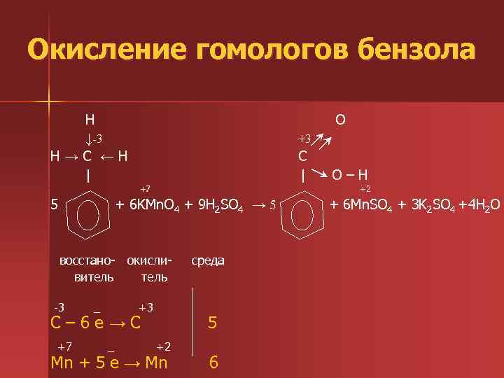 Окисление гомологов бензола  H     O   ↓-3 
