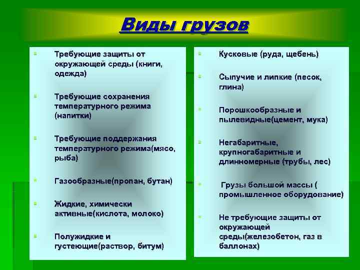    Виды грузов §  Требующие защиты от  §  Кусковые