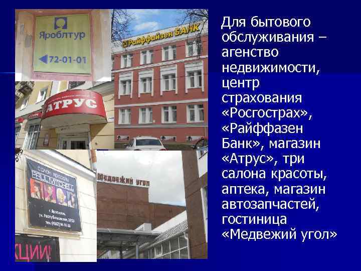 Для бытового обслуживания – агенство недвижимости, центр страхования «Росгострах» ,  «Райффазен Банк» ,