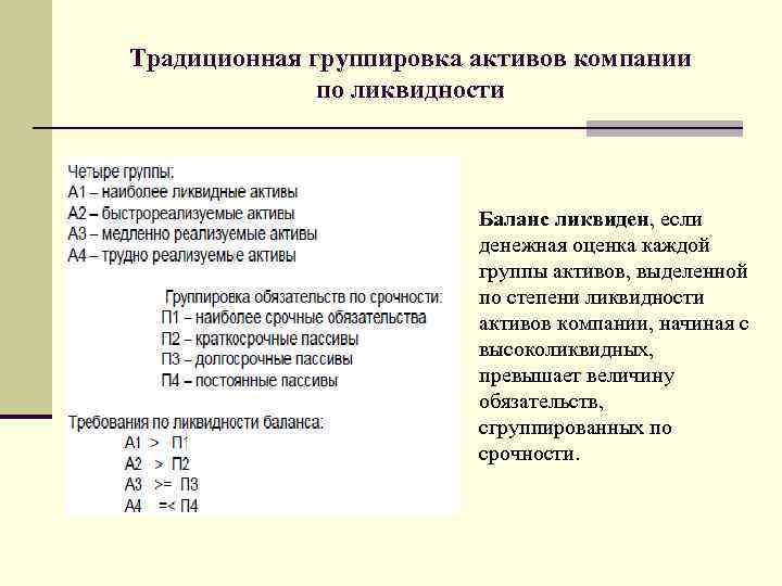 Традиционная группировка активов компании    по ликвидности     Баланс