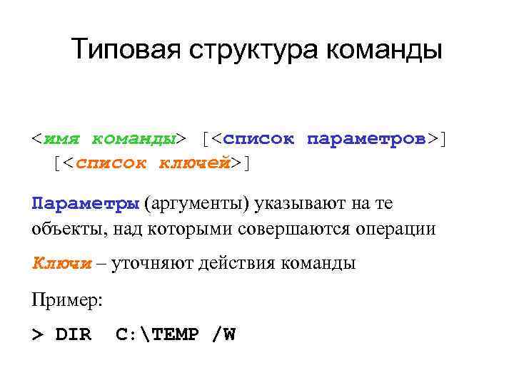   Типовая структура команды  <имя команды> [<список параметров>]  [<список ключей>] Параметры
