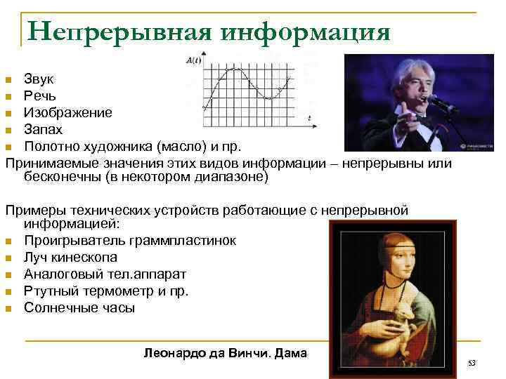 Непрерывная информация Звук n Речь n Изображение n Запах n Полотно художника (масло) и