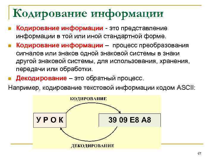 Кодирование информации - это представление информации в той или иной стандартной форме. n Кодирование
