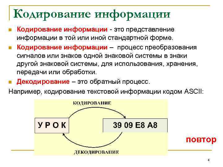 Кодирование информации - это представление информации в той или иной стандартной форме. n Кодирование