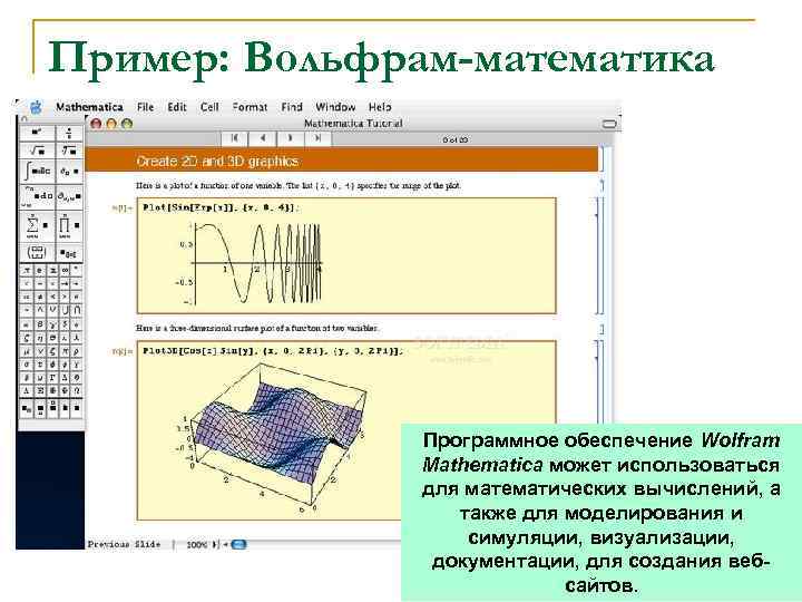 Пример: Вольфрам-математика Программное обеспечение Wolfram Mathematica может использоваться для математических вычислений, а также для