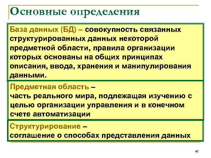 Основные определения База данных (БД) – совокупность связанных структурированных данных некоторой предметной области, правила