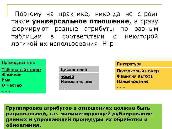 Поэтому на практике, никогда не строят такое универсальное отношение, а сразу формируют разные атрибуты