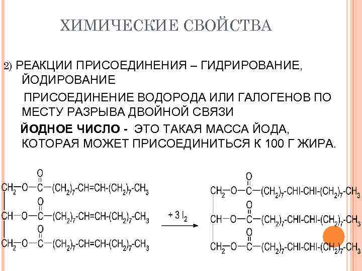ХИМИЧЕСКИЕ СВОЙСТВА 2) РЕАКЦИИ ПРИСОЕДИНЕНИЯ – ГИДРИРОВАНИЕ, ЙОДИРОВАНИЕ ПРИСОЕДИНЕНИЕ ВОДОРОДА ИЛИ ГАЛОГЕНОВ ПО МЕСТУ