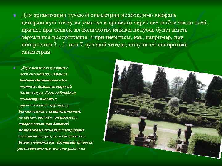 n n Для организации лучевой симметрии необходимо выбрать центральную точку на участке и провести