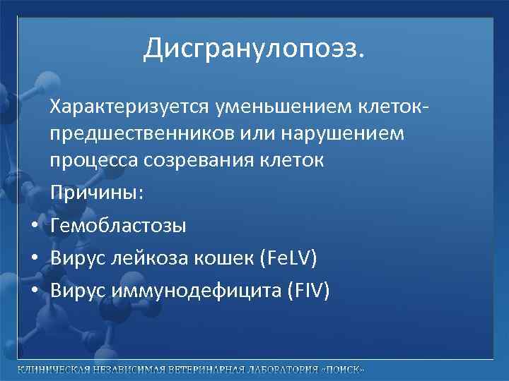 Дисгранулопоэз. Характеризуется уменьшением клетокпредшественников или нарушением процесса созревания клеток Причины: • Гемобластозы • Вирус