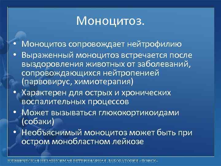 Моноцитоз. • Моноцитоз сопровождает нейтрофилию • Выраженный моноцитоз встречается после выздоровления животных от заболеваний,