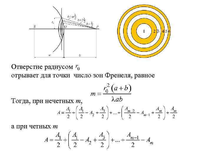 Отверстие радиусом отрывает для точки число зон Френеля, равное Тогда, при нечетных m, а