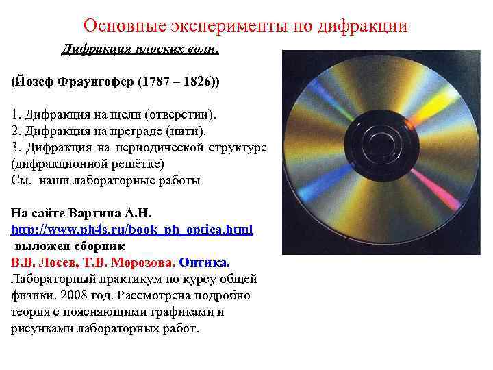 Основные эксперименты по дифракции Дифракция плоских волн. (Йозеф Фраунгофер (1787 – 1826)) 1. Дифракция