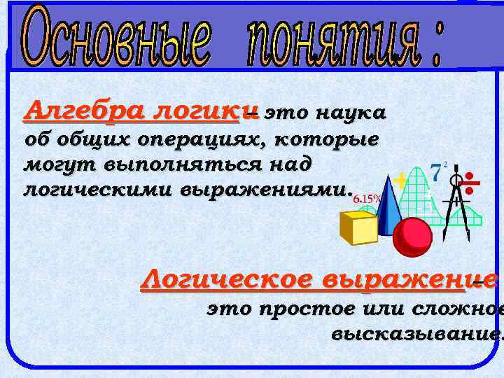 Алгебра логики это наука – об общих операциях, которые могут выполняться над логическими выражениями.