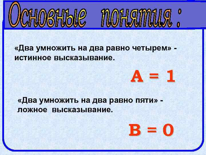  «Два умножить на два равно четырем» истинное высказывание. A=1 «Два умножить на два