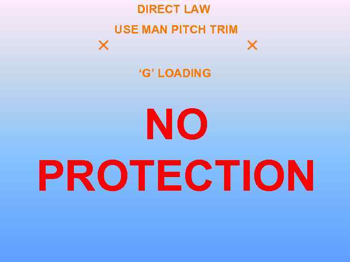 DIRECT LAW USE MAN PITCH TRIM ‘G’ LOADING NO PROTECTION 