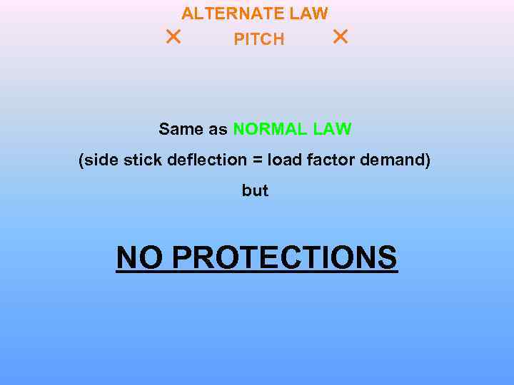 ALTERNATE LAW PITCH Same as NORMAL LAW (side stick deflection = load factor demand)