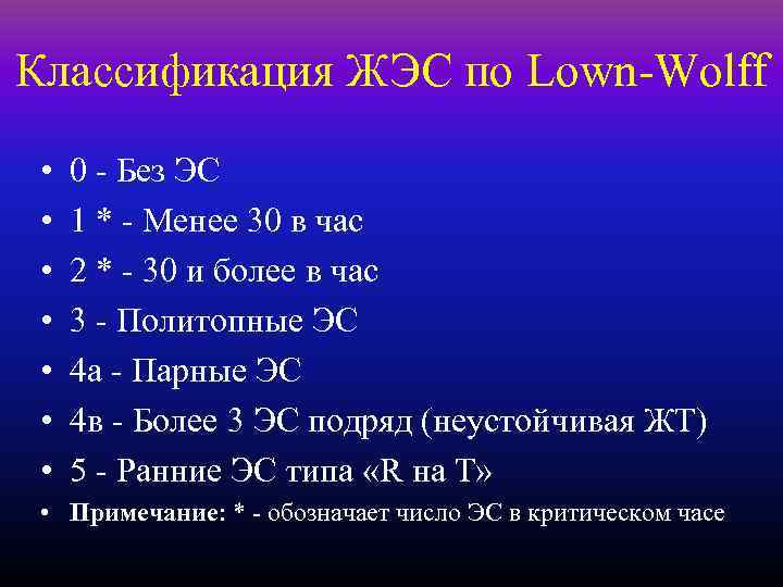 Классификация ЖЭС по Lown-Wolff • • 0 - Без ЭС 1 * - Менее