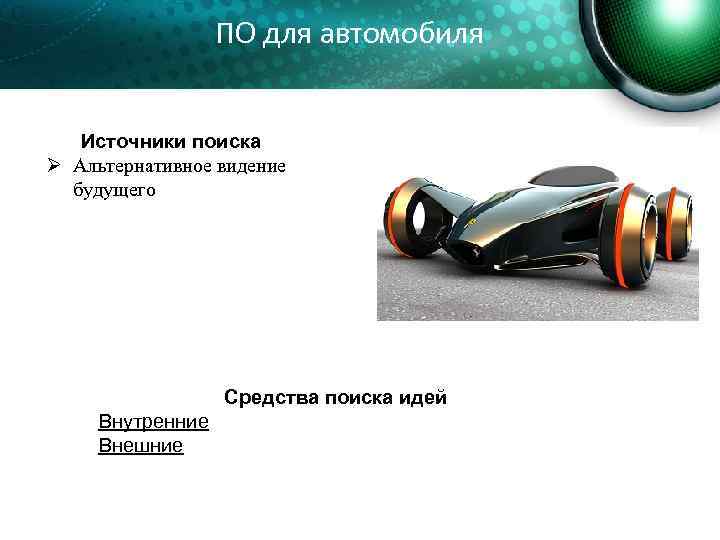 ПО для автомобиля Источники поиска Ø Альтернативное видение будущего Средства поиска идей Внутренние Внешние