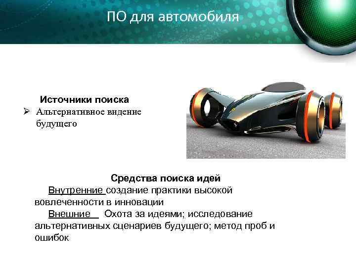 ПО для автомобиля Источники поиска Ø Альтернативное видение будущего Средства поиска идей Внутренние создание