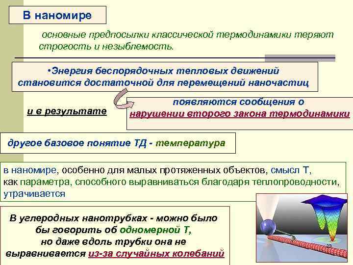  В наномире основные предпосылки классической термодинамики теряют строгость и незыблемость. • Энергия беспорядочных