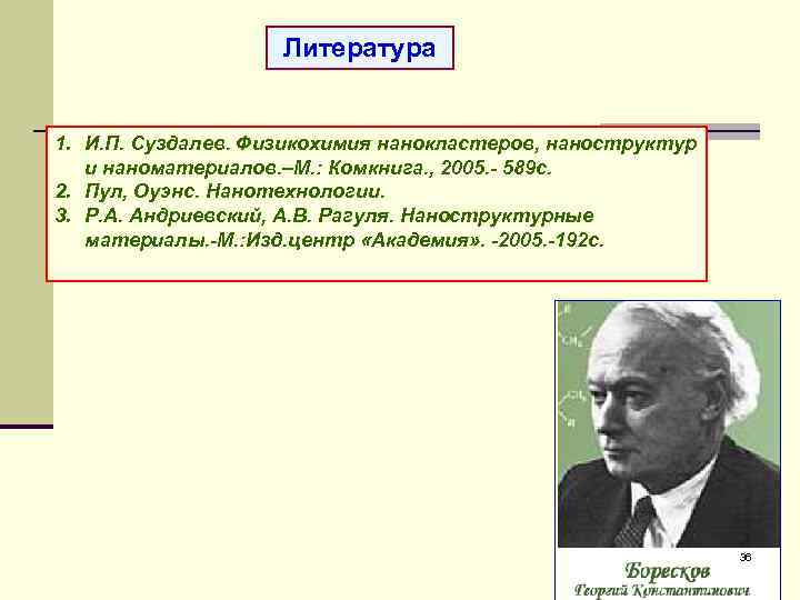  Литература 1. И. П. Суздалев. Физикохимия нанокластеров, наноструктур и наноматериалов. –М. : Комкнига.